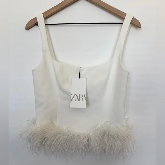 zara NWT white feathered tank top blouse stretch 4772/104 197 size small - Picture 5 of 12